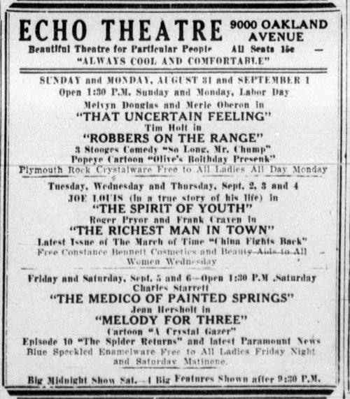aug 30 1941 ad Academie Theatre (Echo Theatre), Detroit